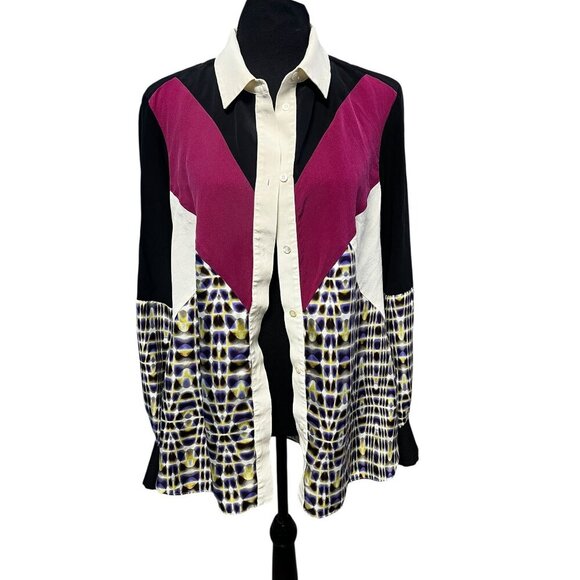 RACHEL ROY Silk Button-Down Shirt Women Large Geometric Print  Colorblock Office - Picture 2 of 10